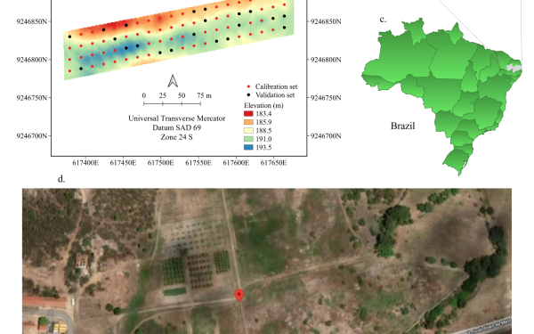 there are two pictures: one is a digital elevation model of the study area with an image of Brazil shown with the state in which it was studied is highlighted. Below this is an aerial view of the location