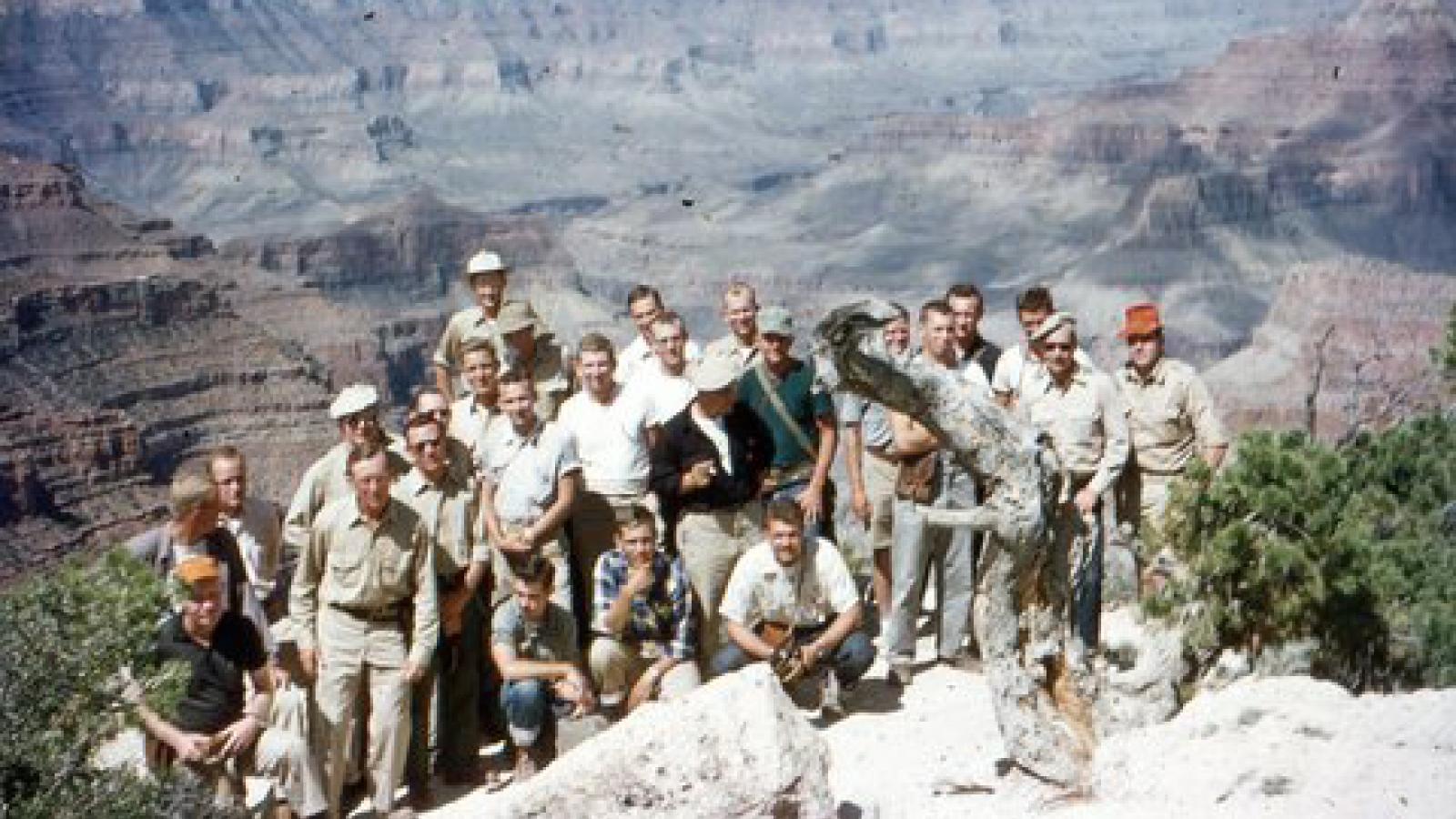 Field Camp group photo from 1955 overlooking a canyon