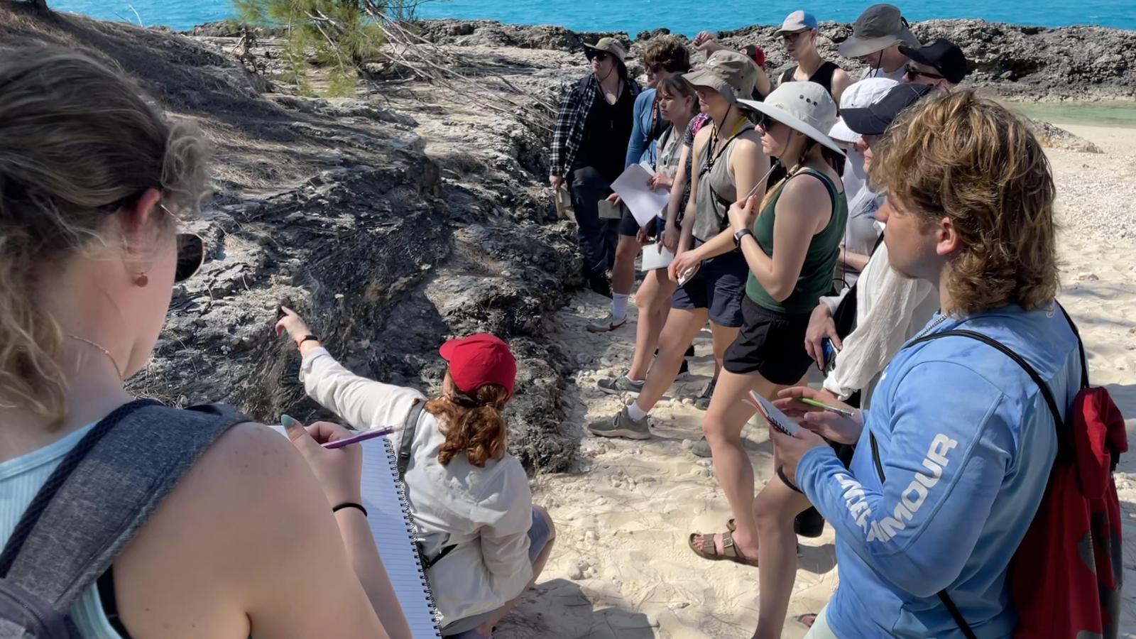 Students examine fossil reef.
