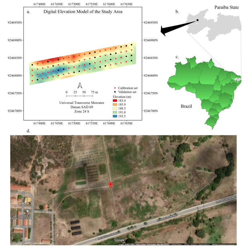 there are two pictures: one is a digital elevation model of the study area with an image of Brazil shown with the state in which it was studied is highlighted. Below this is an aerial view of the location