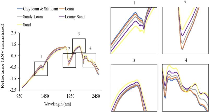 5 different graphs detailing Changes in the spectral reflectance of the different soil texture classes in the study area    