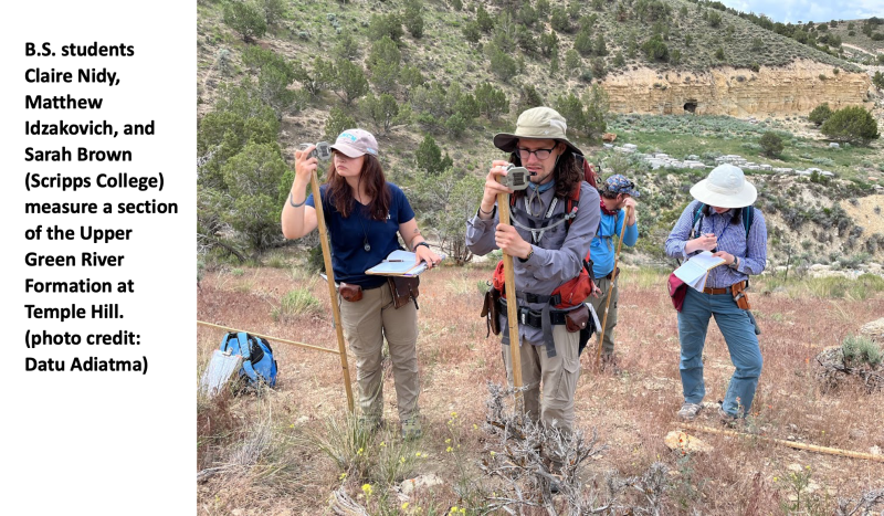B.S. students Claire Nidy, Matthew Idzakovich, and Sarah Brown (Scripps College) measure a section of the Upper Green River Formation at Temple Hill.