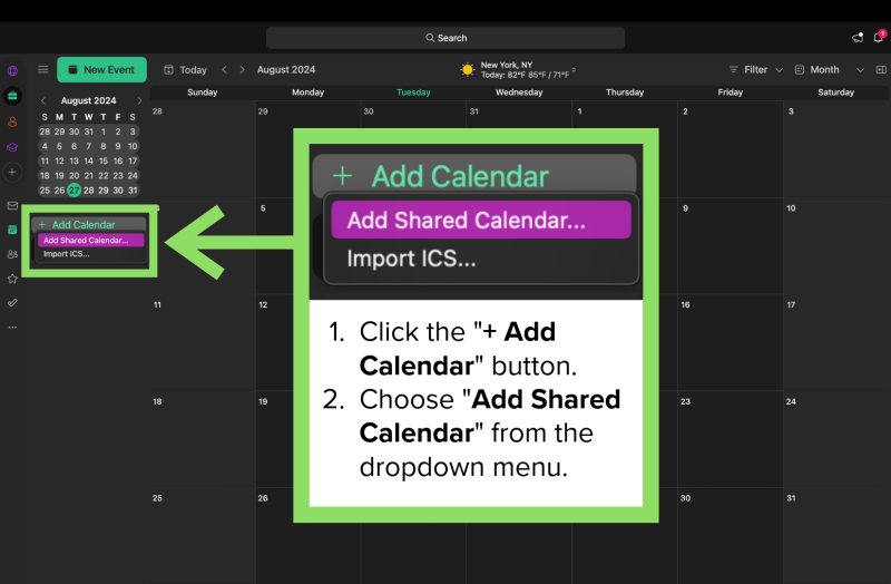 Adding a calendar to Outlook by pressing the "add calendar" button and then selecting "add shared calendar" from the dropdown menu.