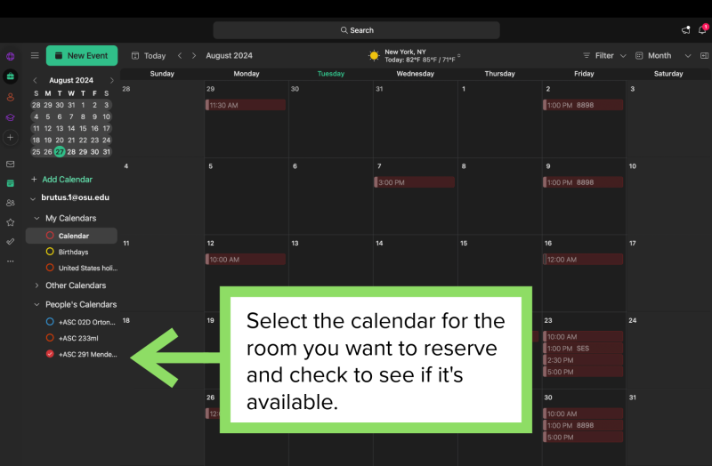 Toggle on the calendar for your desired room in Outlook to see its current availability.