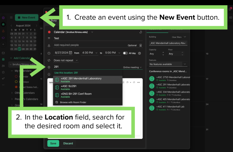 Create a new event using the "new event" button and select the desired room in the "location" field.