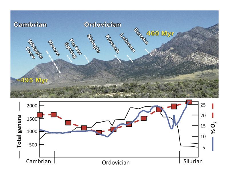 Photo of Ordovician strata exposed at Shingle Pass, Nevada, alongside a plot of atmospheric oxygen levels and biodiversity from the new publication of Edwards, Saltzman, Royer and Fike in Nature Geoscience.