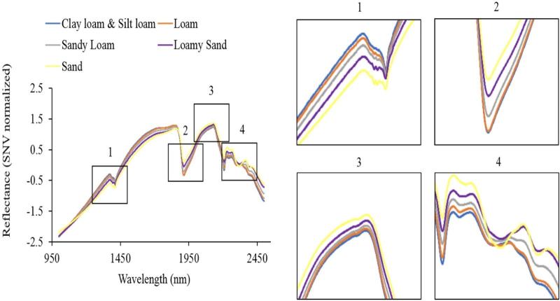 5 different graphs detailing Changes in the spectral reflectance of the different soil texture classes in the study area