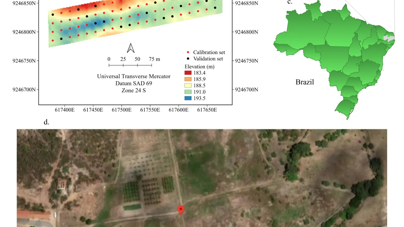 there are two pictures: one is a digital elevation model of the study area with an image of Brazil shown with the state in which it was studied is highlighted. Below this is an aerial view of the location