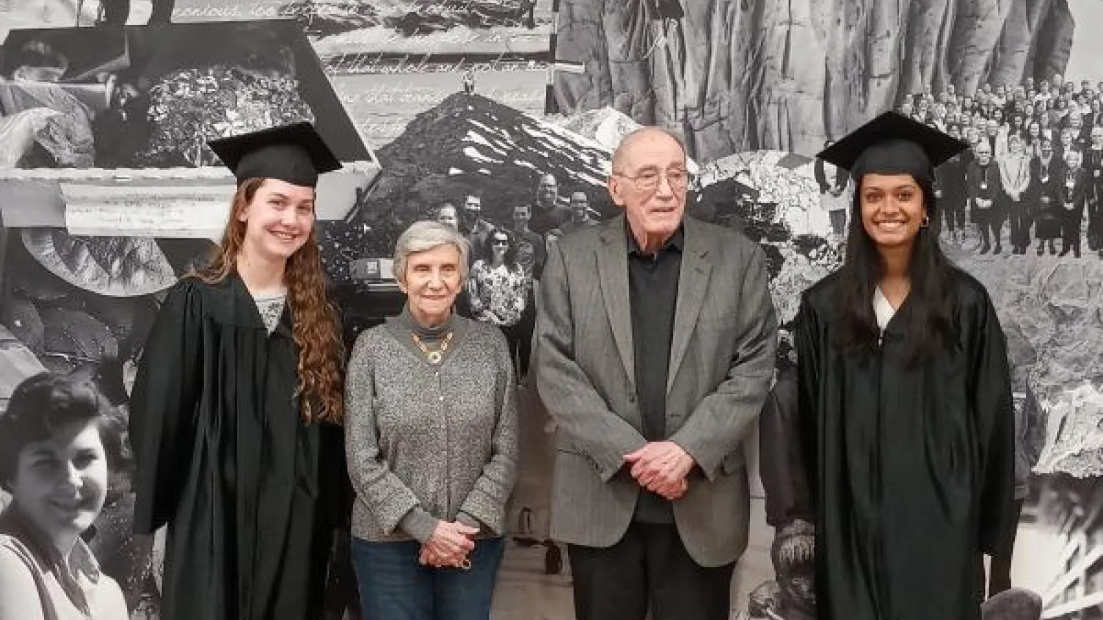 Members of the 111th class of The Ohio State University Mortar Board, Audrey Sturgeon (left) and president Meha Pandya (right) with Distinguished University Professors Ellen Mosley-Thompson and Lonnie Thompson (in the middle).