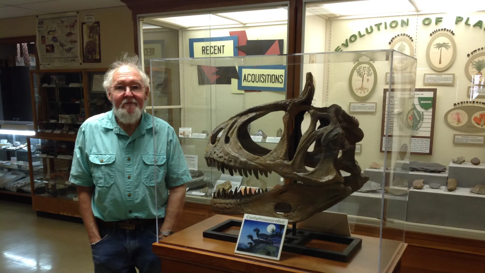 Dale Gnidovec standing next to a replica Cryolophosaurus ellioto skull in the Orton Geological Musem.