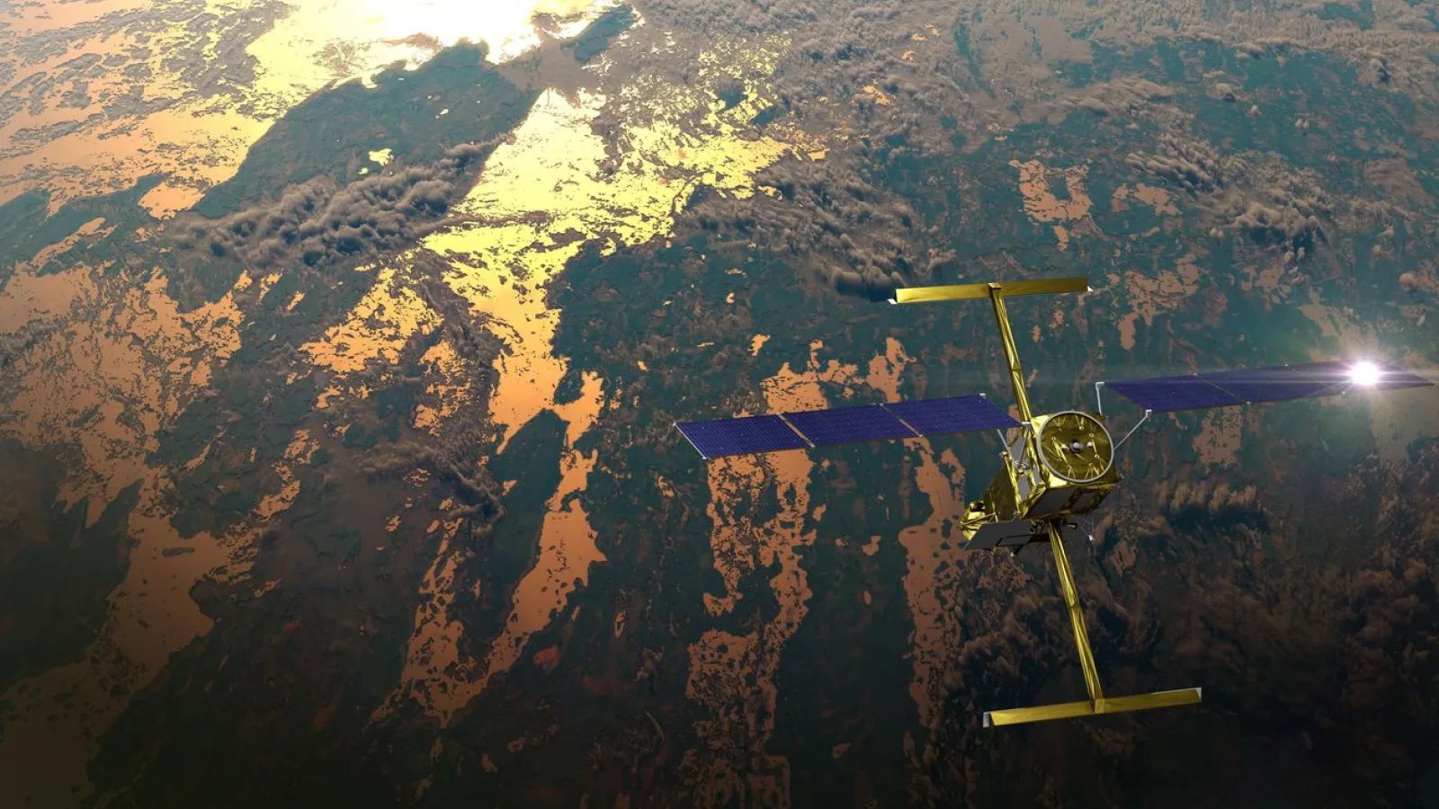 Artist's concept of the SWOT satellite over the Earth.