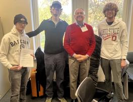 Student-Alumni Scavenger Hunt Winners: Alum Joe Studilick (red sweater) and undergraduate SES majors from left, Payton Scott, Tim Stevens and Jacob Bockenstette.