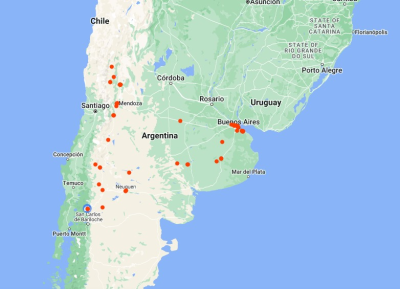 Google Maps view of Argentina with red pins denoting visited GPS stations and towns during this campaign