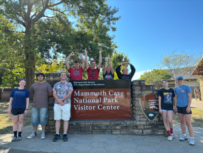 The Geology Club visits Mammoth Cave National Park and spells out O-H-I-O at the park sign.