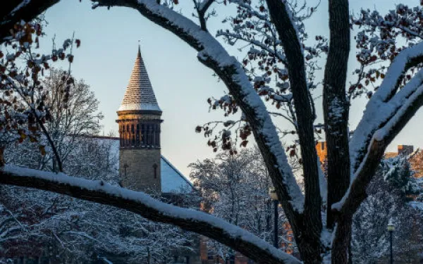 Orton Hall covered in snow