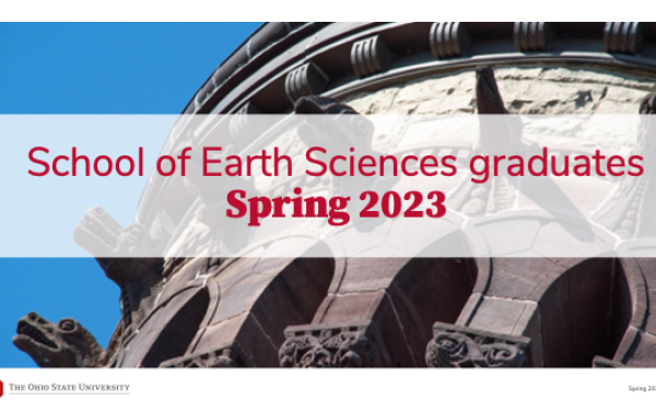 Photo of the Orton Hall bell tower with the text "School of Earth Sciences graduates Spring 2023"