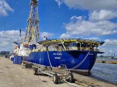 The JOIDES Resolution docked in the port of Amsterdam, NL. (Credit: Sijin Veedu & IODP JRSO)