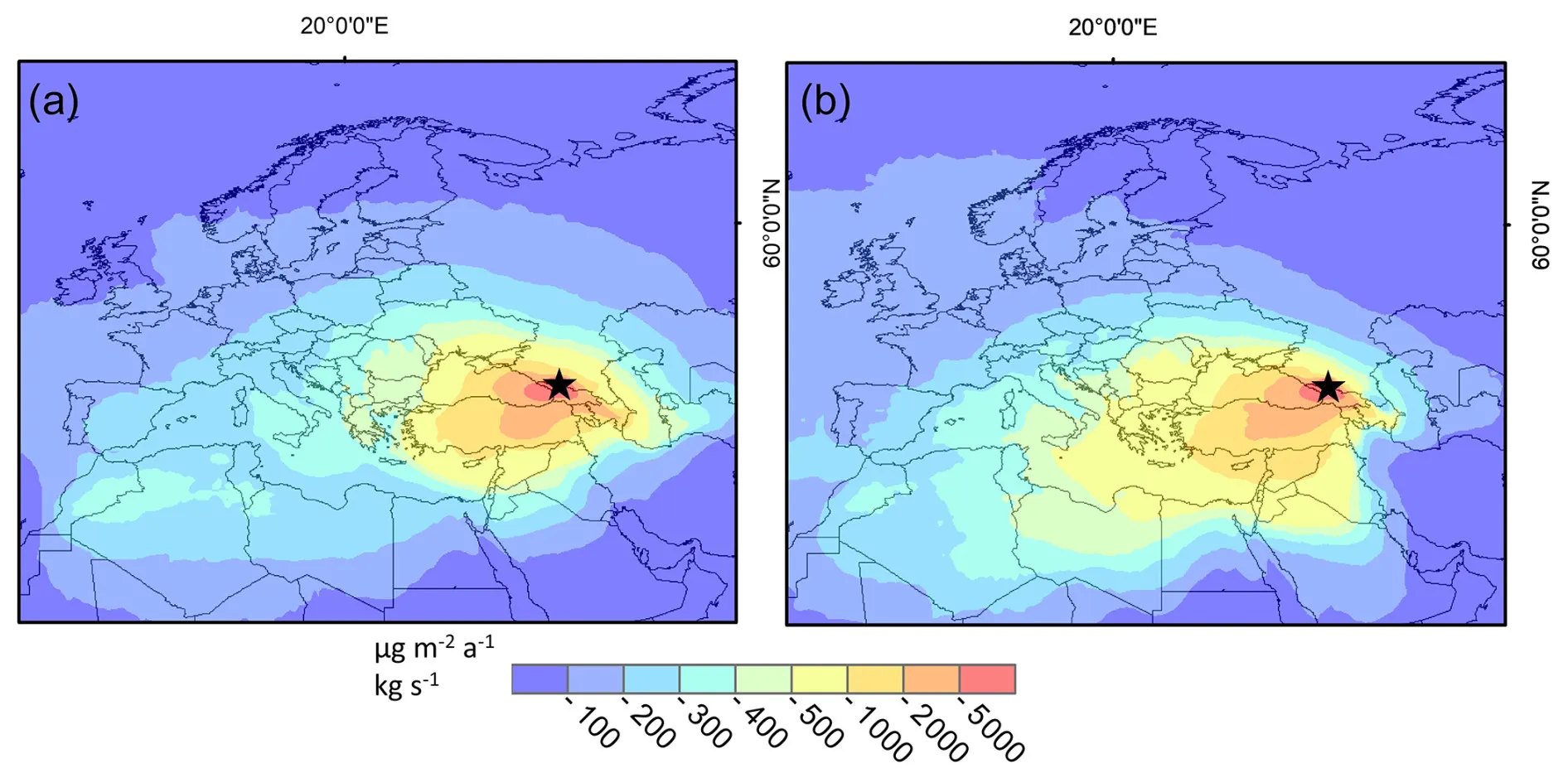 Emissions sensitivities at the ELB ice-core site (black star) based on FLEXPART model simulations of sulfate aerosol transport and deposition for summer (a) and winter (b) (real elevation).