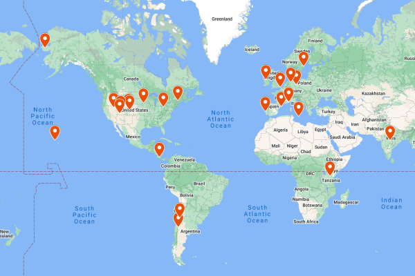 google maps global view with red flags denoting where students have been