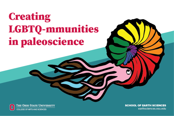 Decorative design of an ammonite in Progressive Pride Flag colors with the conference title.