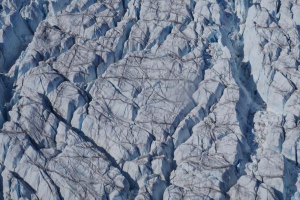 Crevasses at Store Glacier, a marine-terminating outlet glacier of the western Greenland Ice Sheet. Credit: Tom Chudley (Durham University)