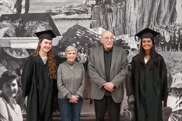 Members of the 111th class of The Ohio State University Mortar Board, Audrey Sturgeon (left) and president Meha Pandya (right) with Distinguished University Professors Ellen Mosley-Thompson and Lonnie Thompson (in the middle).