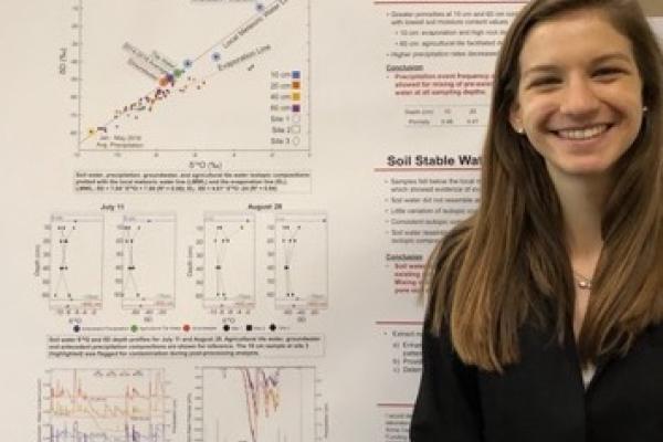 Devin Smith stands next to her winning poster on ecohydrology