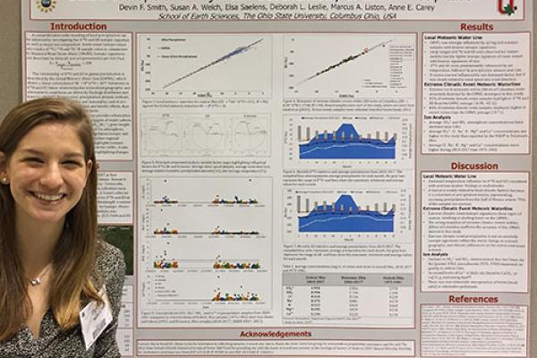 Student Devin Smith stands next to her poster on stable isotope geochemistry of urban precipitation.