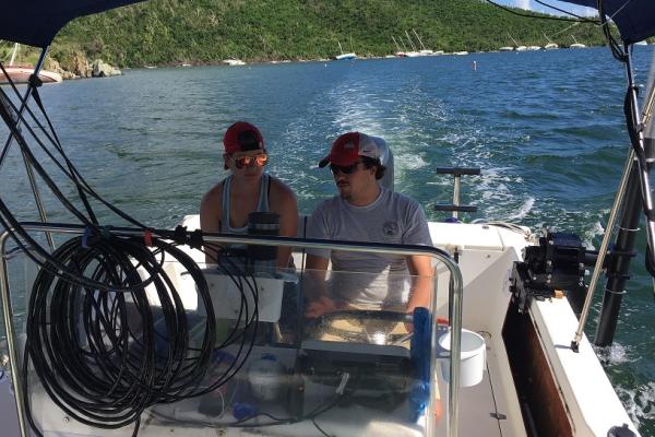 Ohio State graduate students Trevor Browning and Brandi Lenz survey coastal change following two hurricanes.