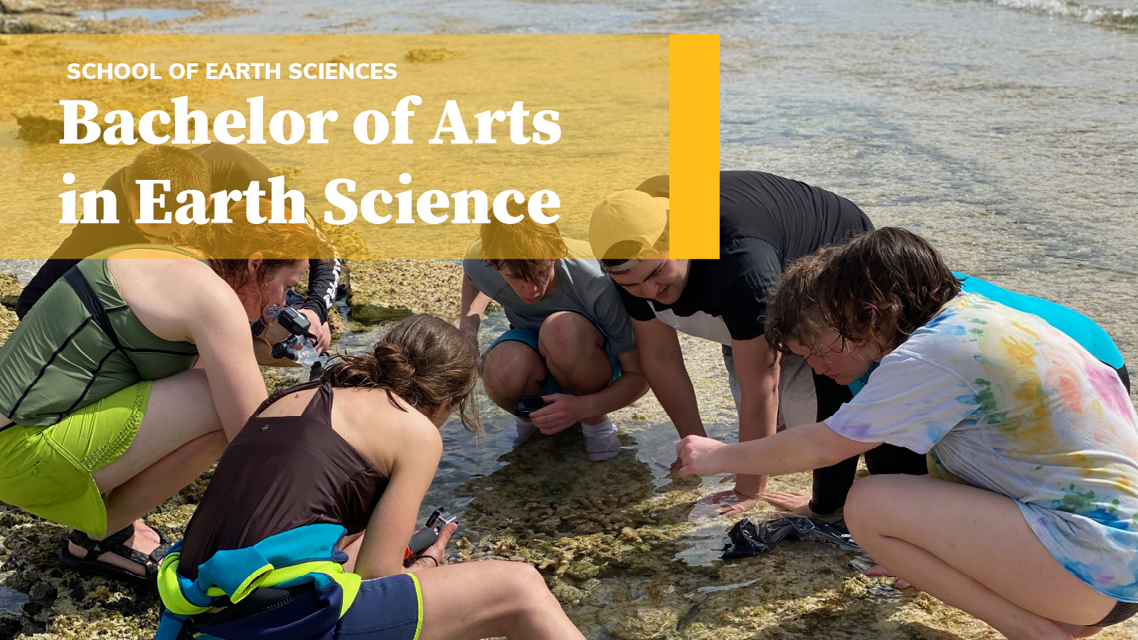 A group of students inspect the contents of a body of water and a yellow banner reading "Bachelor of Arts in Earth Science" is above them