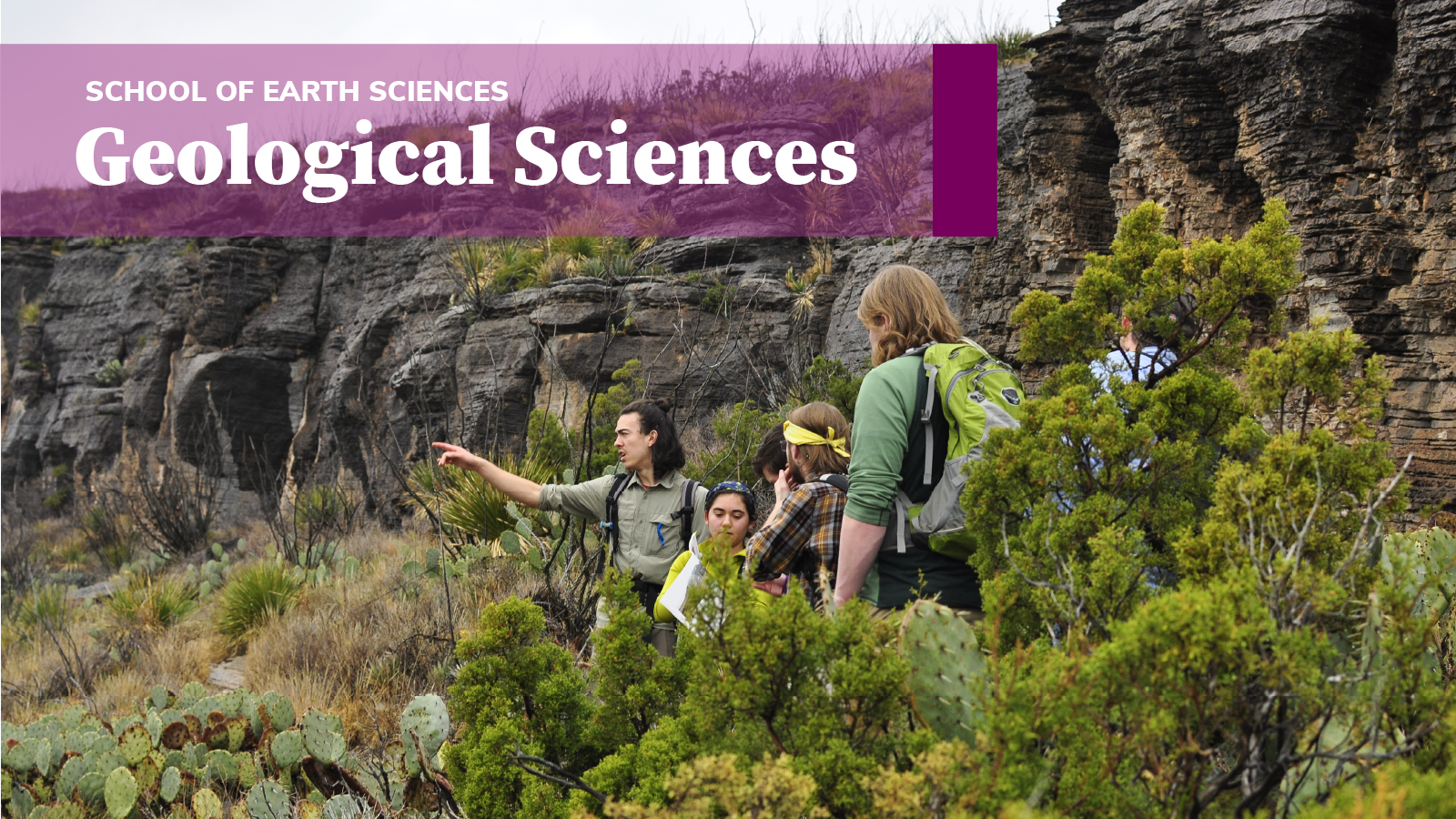 A group of students is photographed as they survey a land with a purple banner saying "Geological Sciences" in above them