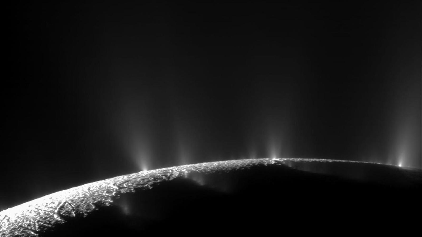 NASA image of geysers on Enceladus, a moon of Saturn